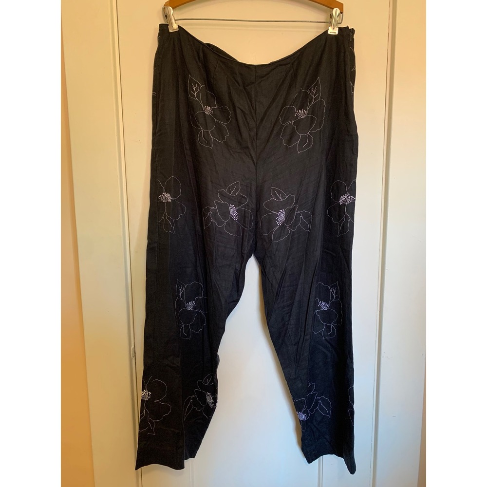 August Max Woman Black Linen Embroidered Floral Pants 12W Side Zip Straight Leg